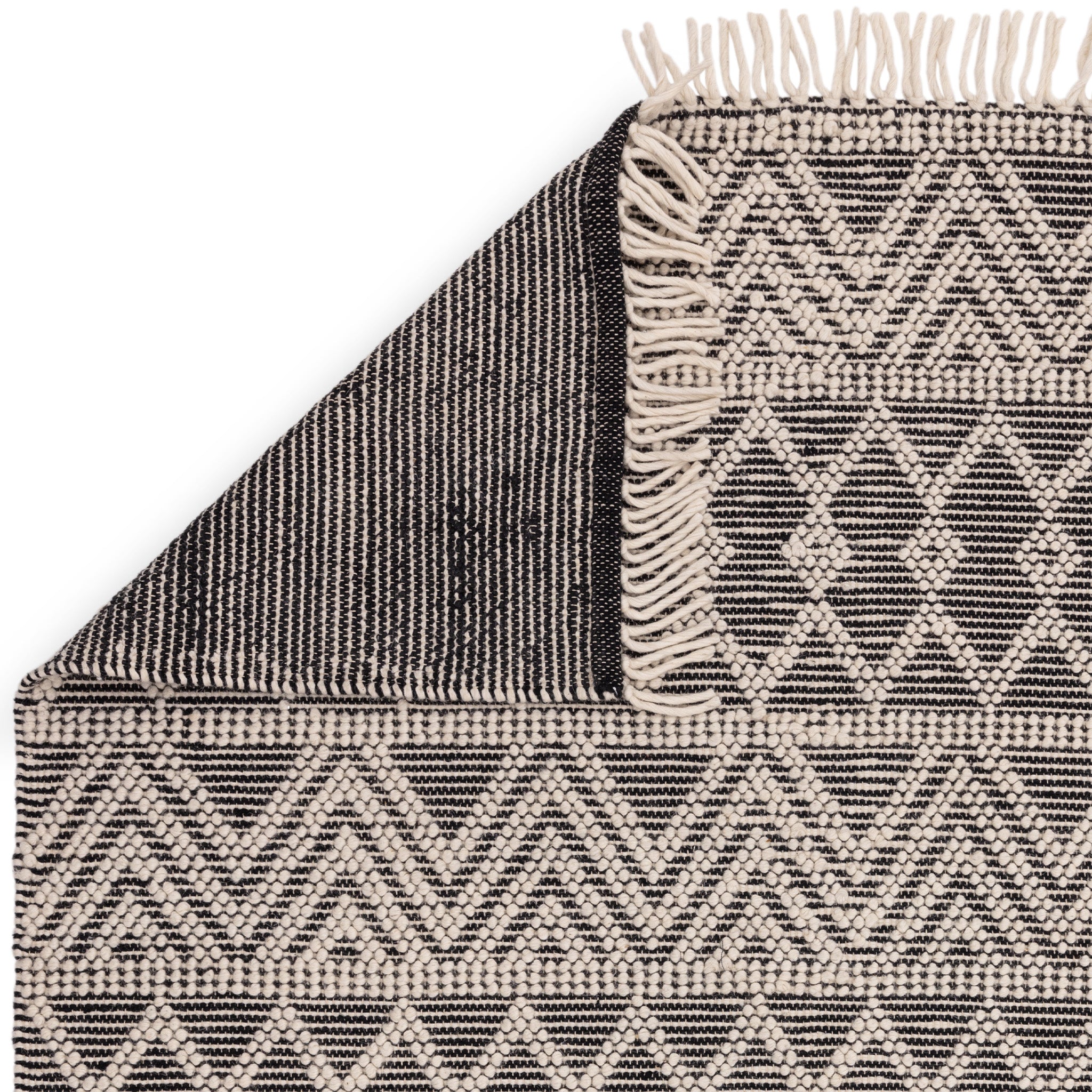 Bobble and Fringe Boho Rug in Black